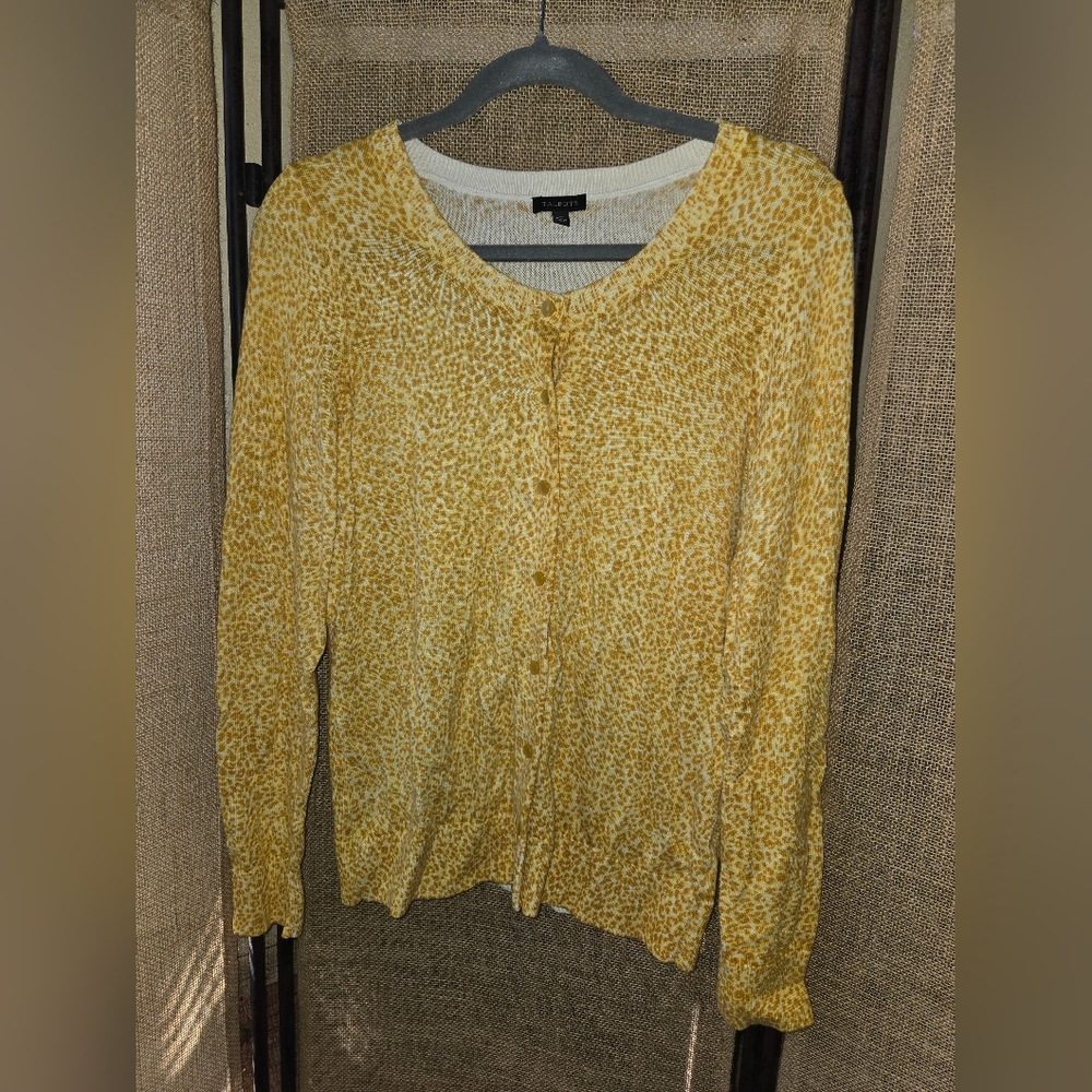 Talbots Leopard Print Yellow White Patterned Button-Up Cardigan Medium